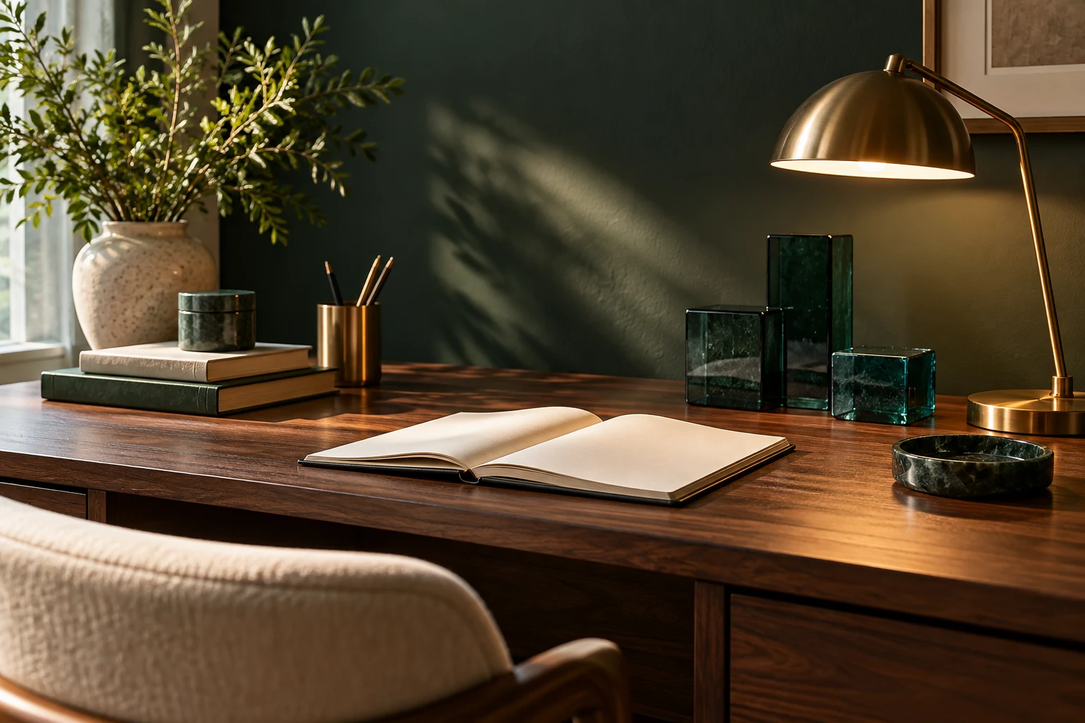 An organized walnut desk with an open notebook, green glass objects, and a glowing brass lamp